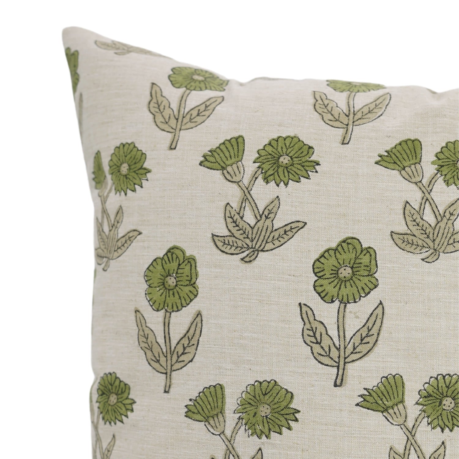 Block Printed Beige Green Throw Square Pillow Case - Kirti