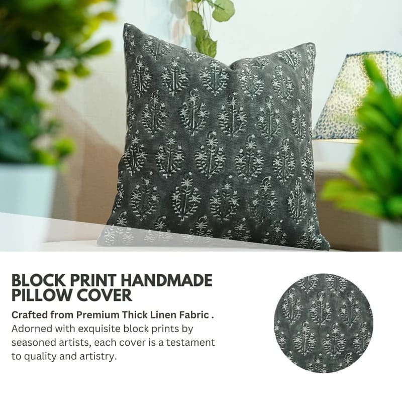 Indian Floral Print Linen Pillow Cover - Neelgagan
