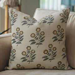 Handcrafted Brown Floral Linen Pillow Cover - Neha