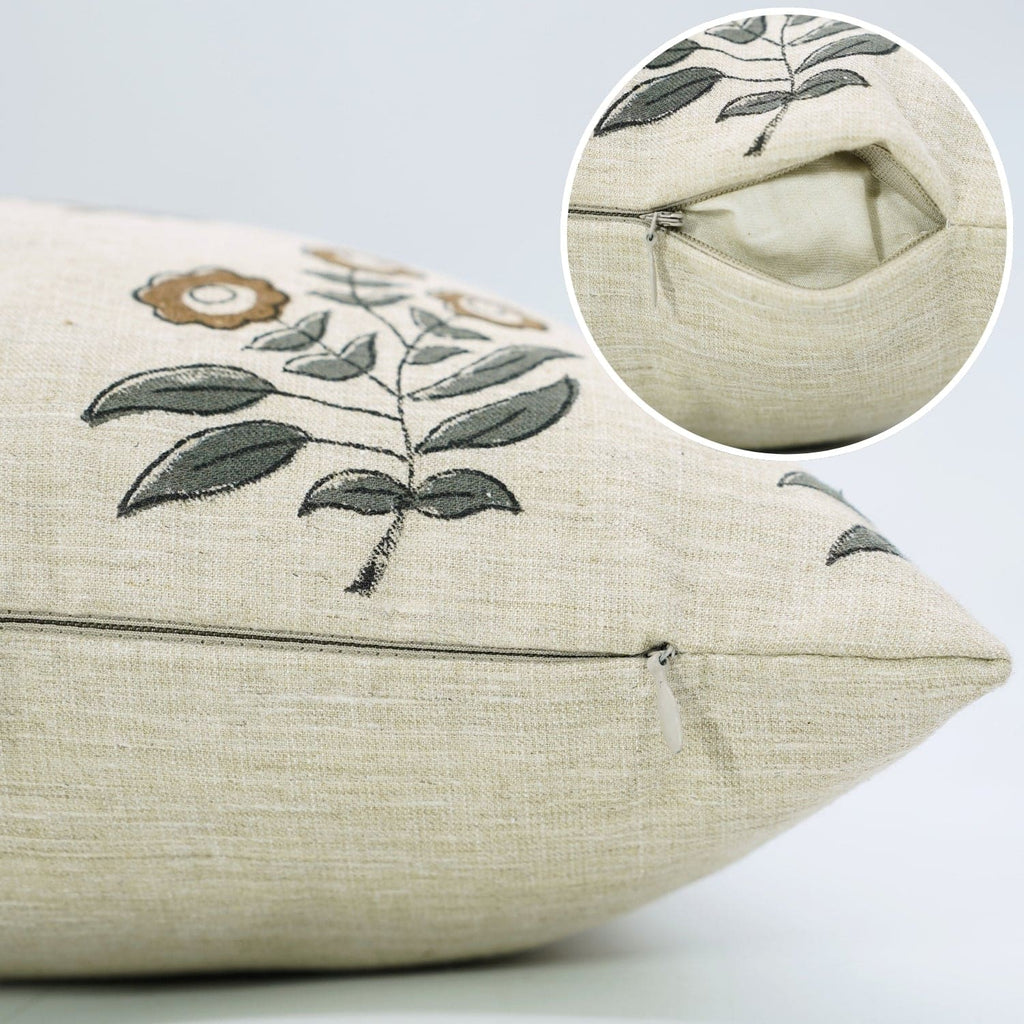 Handcrafted Brown Floral Linen Pillow Cover - Neha