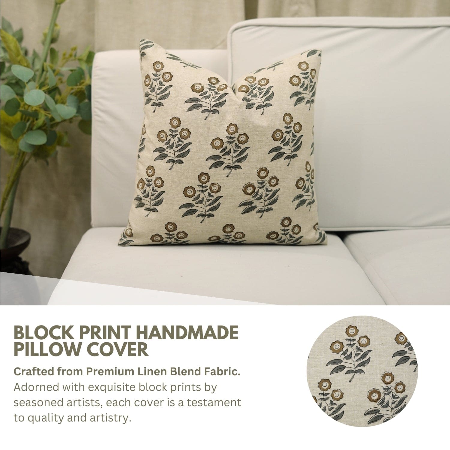 Handcrafted Brown Floral Linen Pillow Cover - Neha