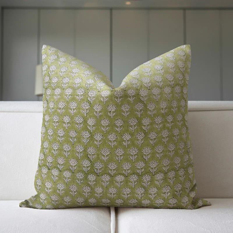 Indian Green Floral Linen Pillow Cover - Pankhudi