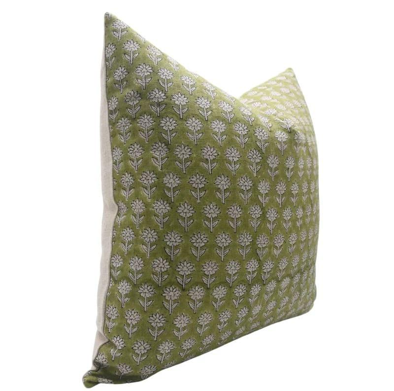 Indian Green Floral Linen Pillow Cover - Pankhudi