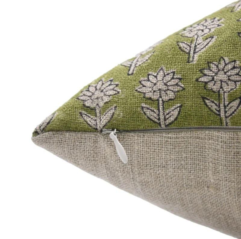 Indian Green Floral Linen Pillow Cover - Pankhudi