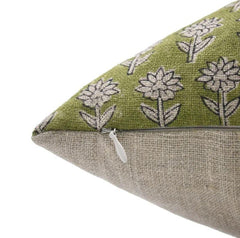 Indian Green Floral Linen Pillow Cover - Pankhudi