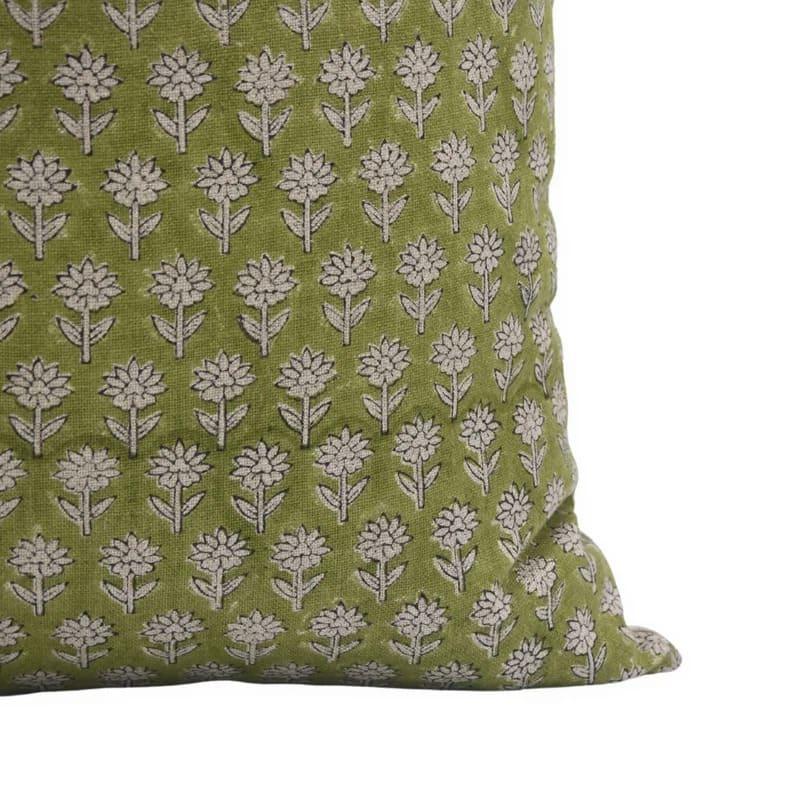 Indian Green Floral Linen Pillow Cover - Pankhudi