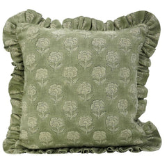 Block Printed Green Frill Cushion Cover || Rohini