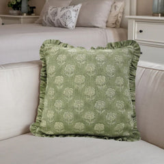 Block Printed Green Frill Cushion Cover || Rohini