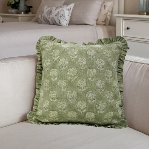 Block Printed Green Frill Cushion Cover || Rohini