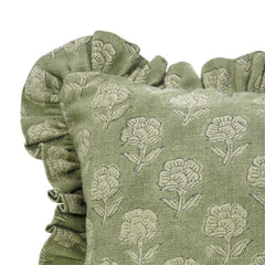 Block Printed Green Frill Cushion Cover || Rohini