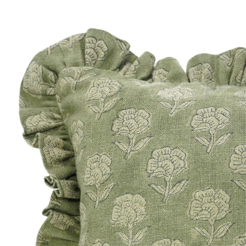 Block Printed Green Frill Cushion Cover || Rohini