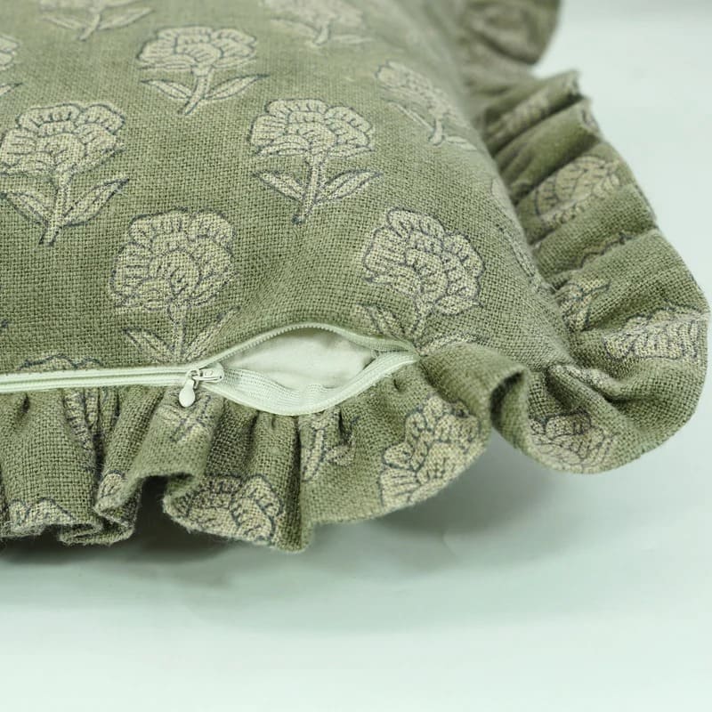 Block Printed Green Frill Cushion Cover || Rohini