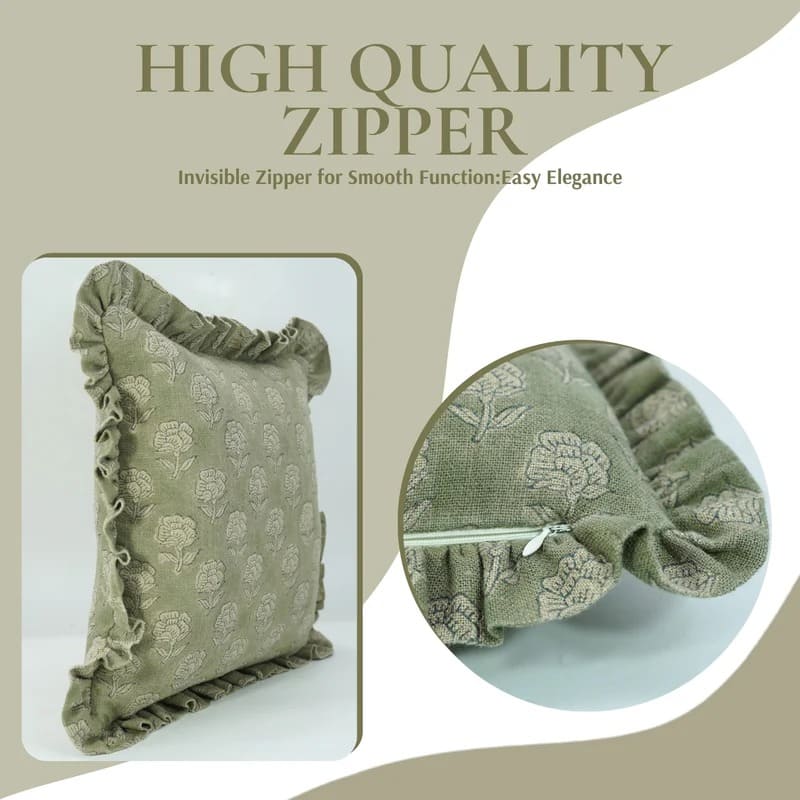 Block Printed Green Frill Cushion Cover || Rohini
