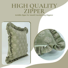 Block Printed Green Frill Cushion Cover || Rohini