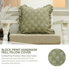 Block Printed Green Frill Cushion Cover || Rohini