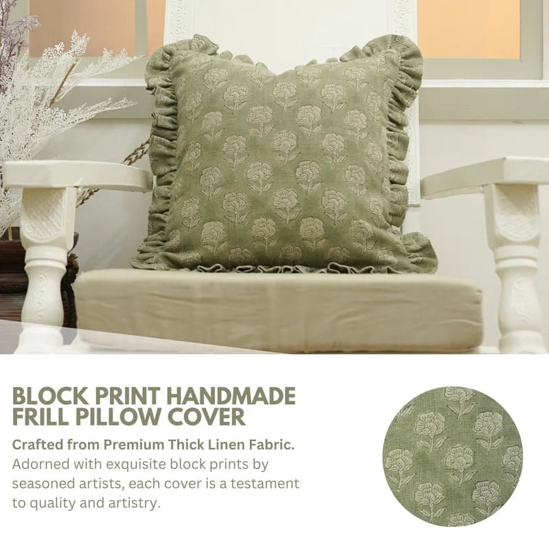 Block Printed Green Frill Cushion Cover || Rohini