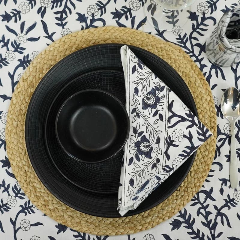 Sehjan Blue Indian Floral Print Table Linens | Matching napkins available