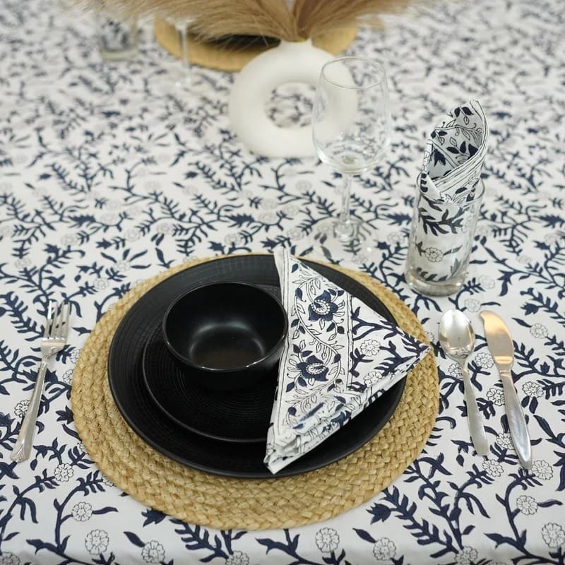 Sehjan Blue Indian Floral Print Table Linens | Matching napkins available