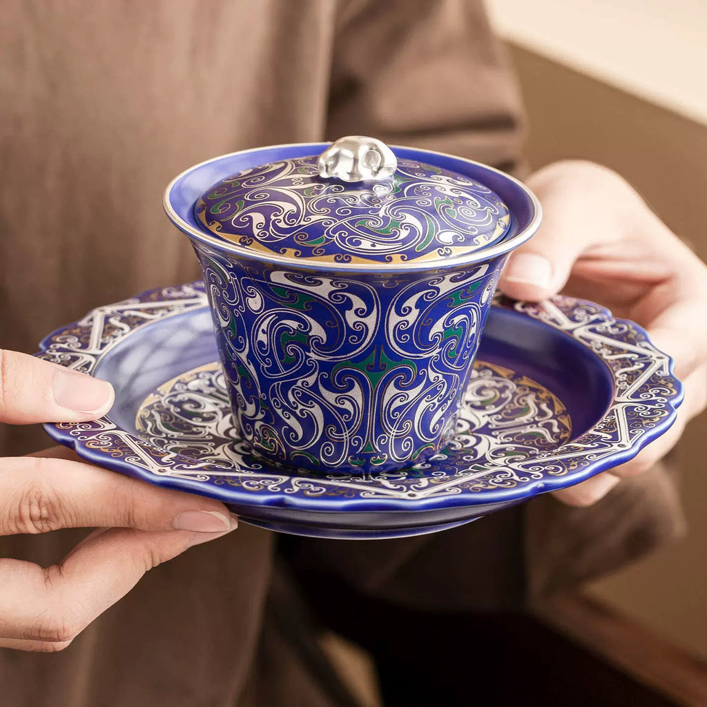 Imperial Blue Silver Filigree Gaiwan & Saucer Set | Handcrafted Porcelain Tea Ceremony Gift-1