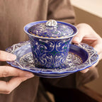 Imperial Blue Silver Filigree Gaiwan & Saucer Set | Handcrafted Porcelain Tea Ceremony Gift-1