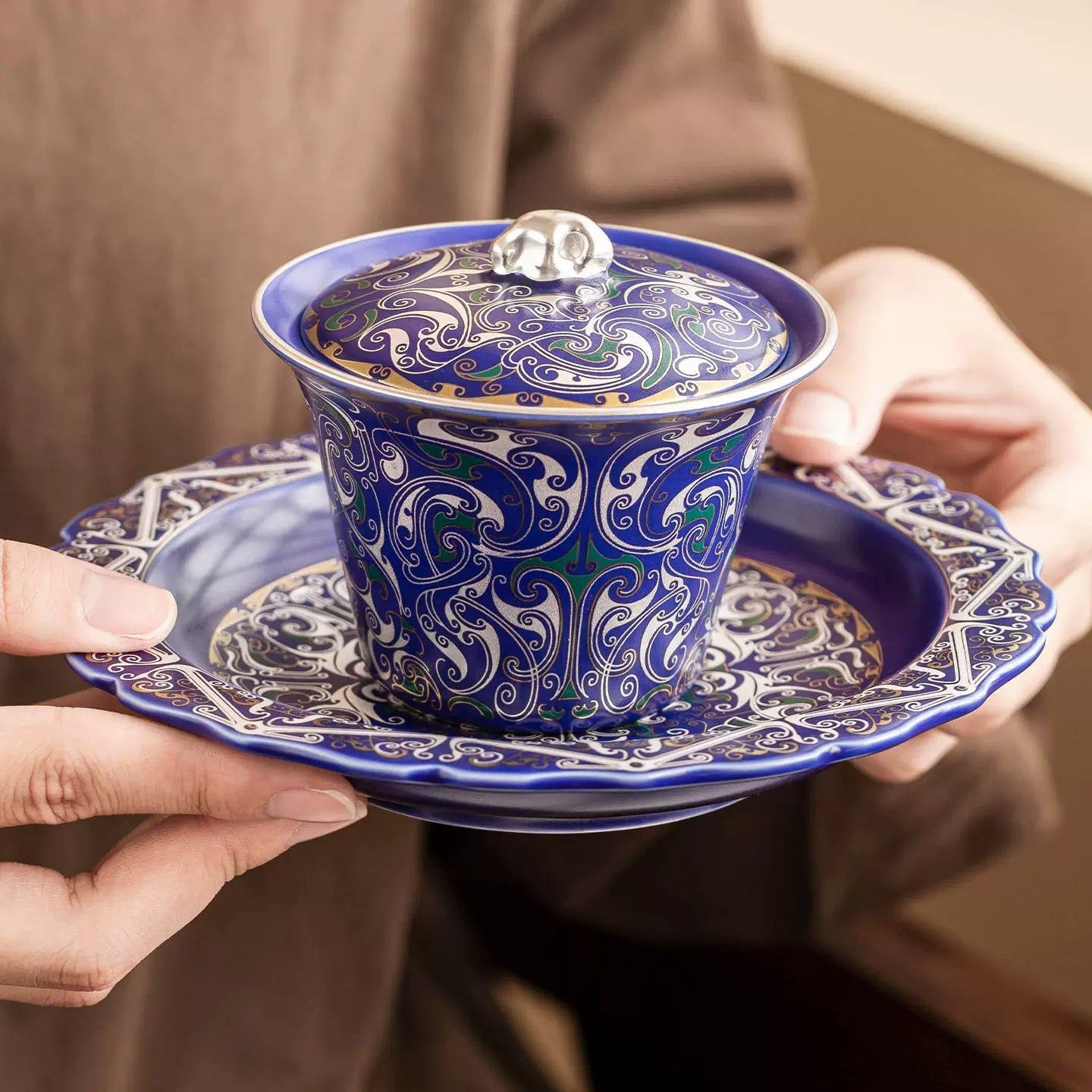 Imperial Blue Silver Filigree Gaiwan & Saucer Set | Handcrafted Porcelain Tea Ceremony Gift-1