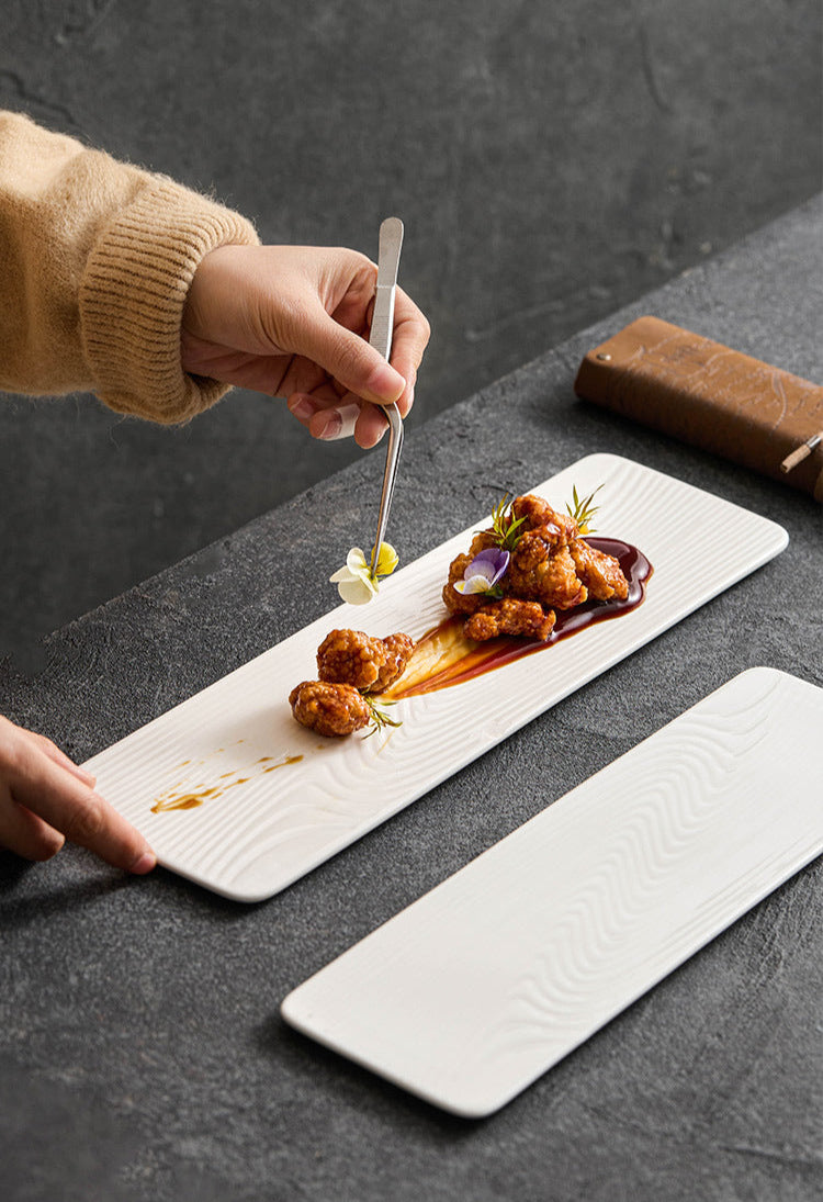 Ceramic Rectangular Sushi & Dessert Plate – Water-Pattern Tray in Black or White, 3 Sizes-4