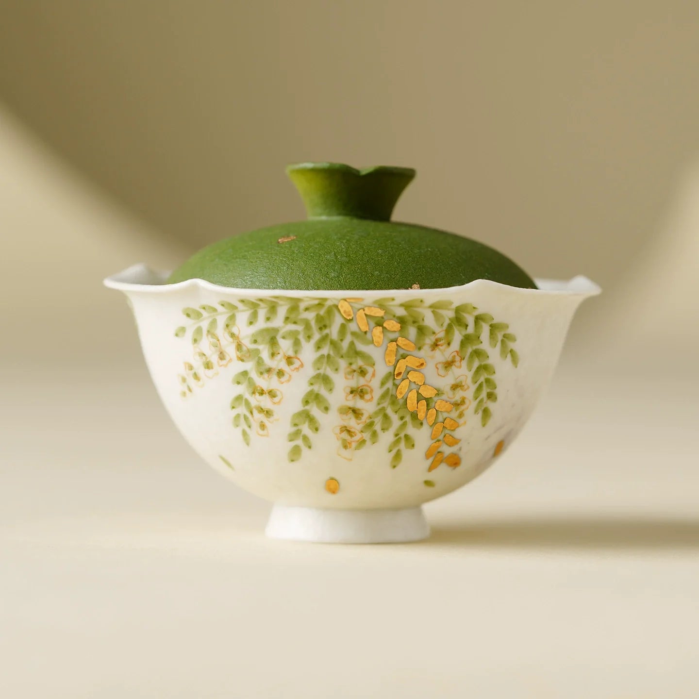 Handmade Ceramic Gaiwan with Green Leaf Design – 95ml Traditional Chinese Tea Cup with Lid-0
