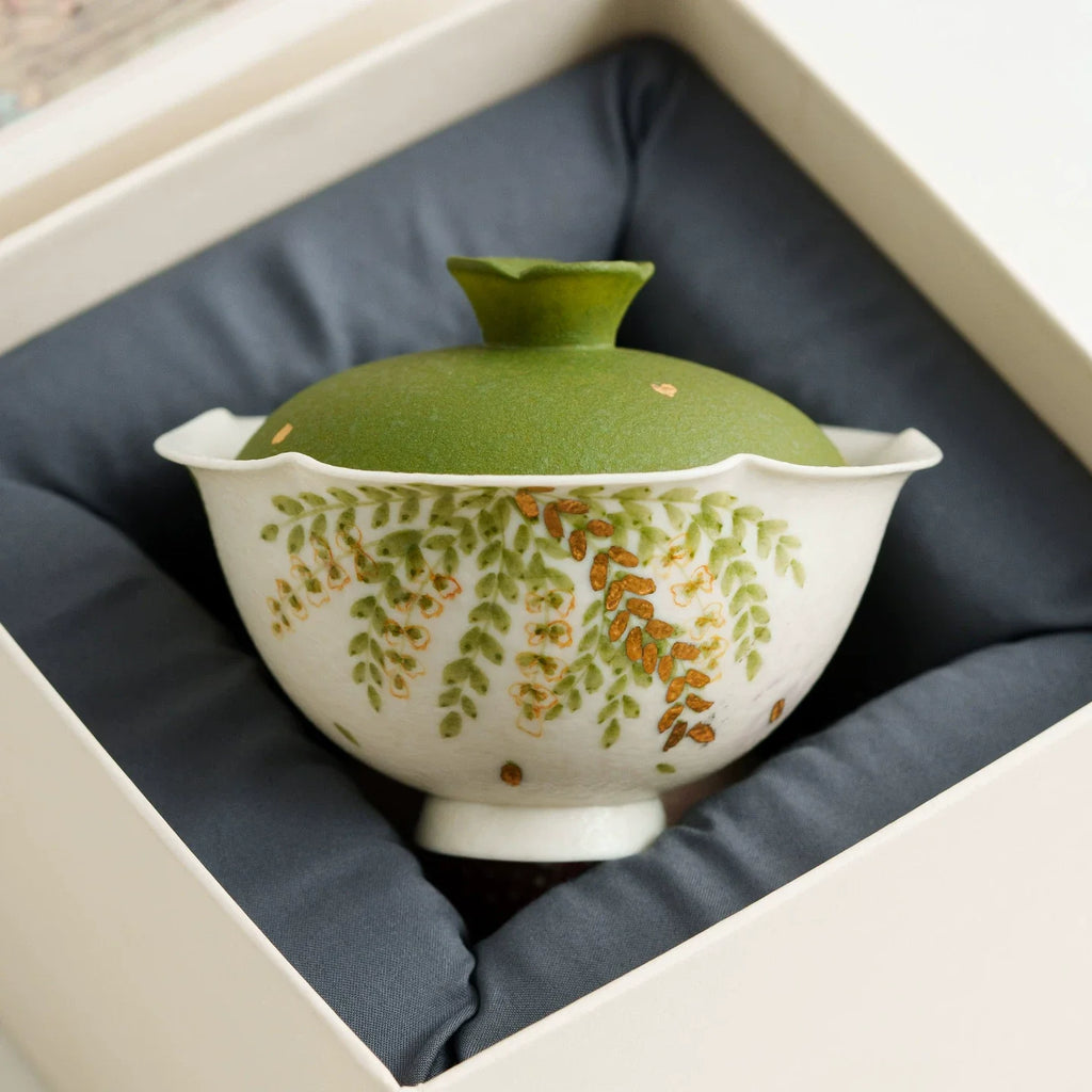 Handmade Ceramic Gaiwan with Green Leaf Design – 95ml Traditional Chinese Tea Cup with Lid-3