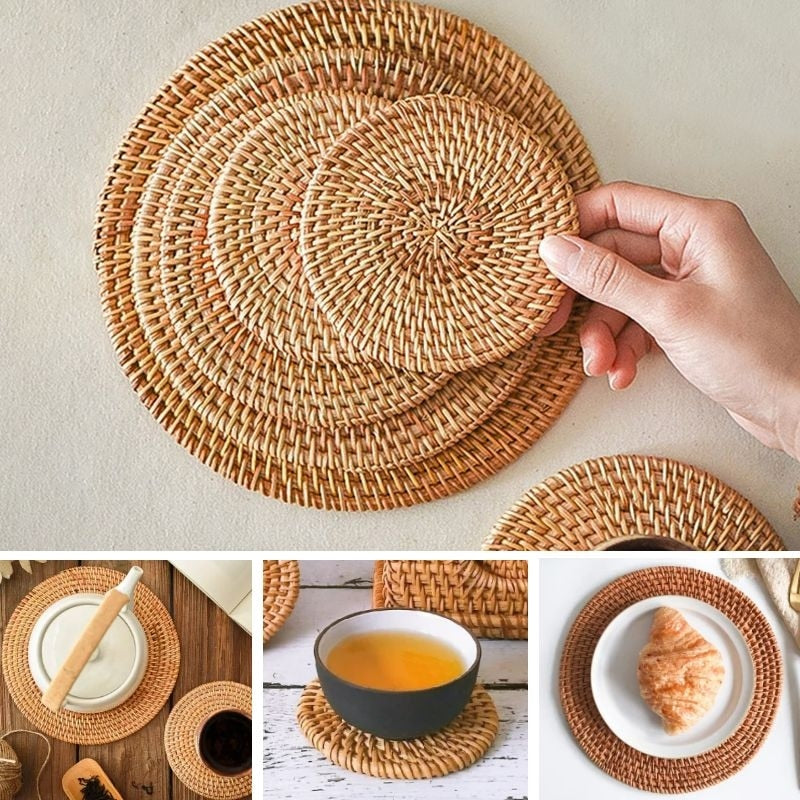 Line Cup Mat Round Natural Rattan,Hand Woven Hot Insulation Placemats Table Padding Kitchen Decoration Accessories-1