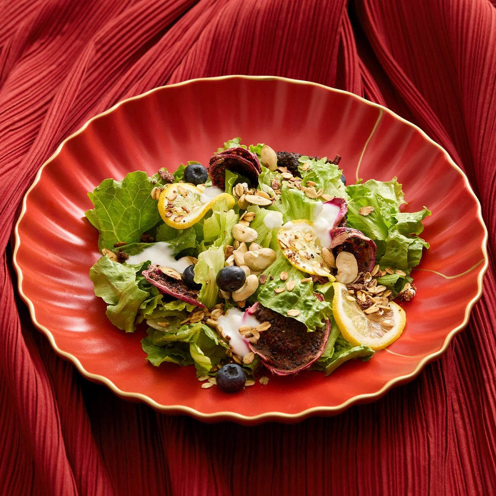 Luxury Red Ceramic Salad Bowl – Elegant Wave Edge with Golden Detailing-2