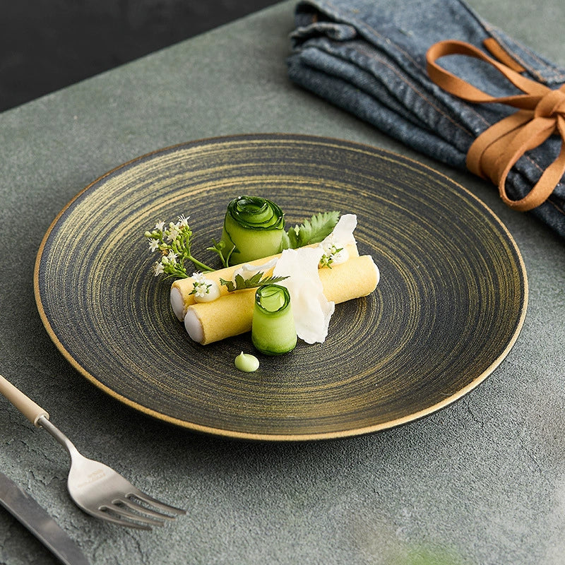 Luxury Black & Gold Ceramic Dinner Plate – Wujin Sand Textured Matte Glaze Fine Dining Tableware-2