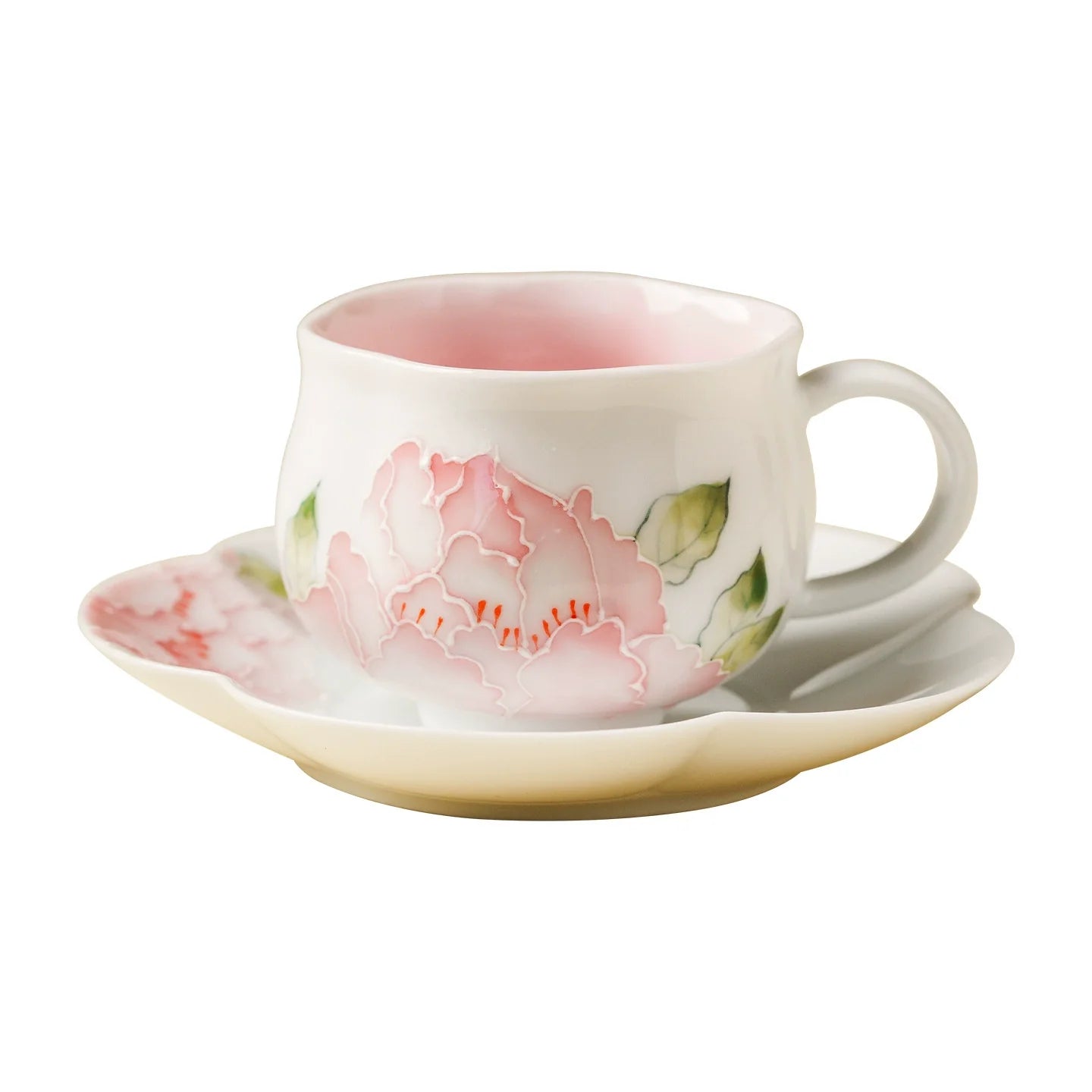 Hand-Painted Peony Porcelain Teacup & Saucer Set – Elegant Floral Ceramic Cup for Tea or Coffee-4