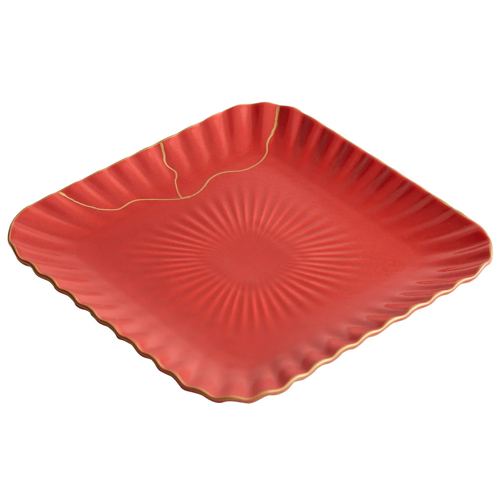 Red Vermilion Glazed Porcelain Square Plate – Kintsugi Design Series-4