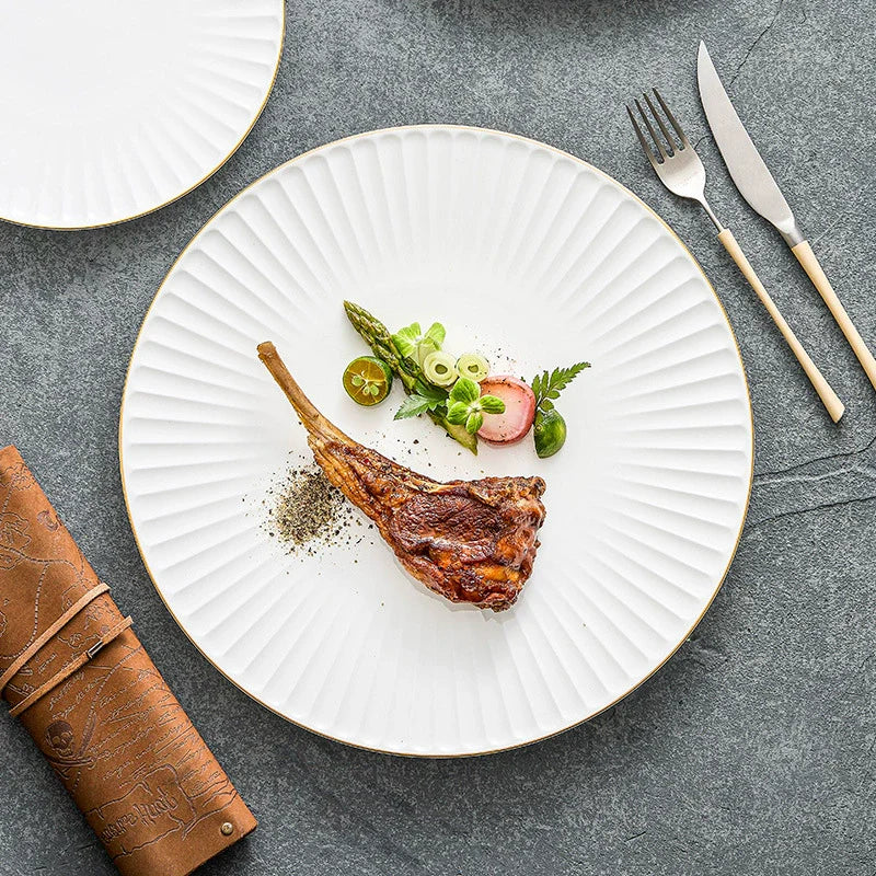 Radiant Pleat White Ceramic Plate with Gold Rim – Modern Luxury Porcelain Dinnerware-2