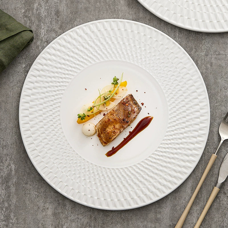 Embossed Spiral Shadow White Ceramic Plate – Luxury Porcelain Textured Dinnerware-2