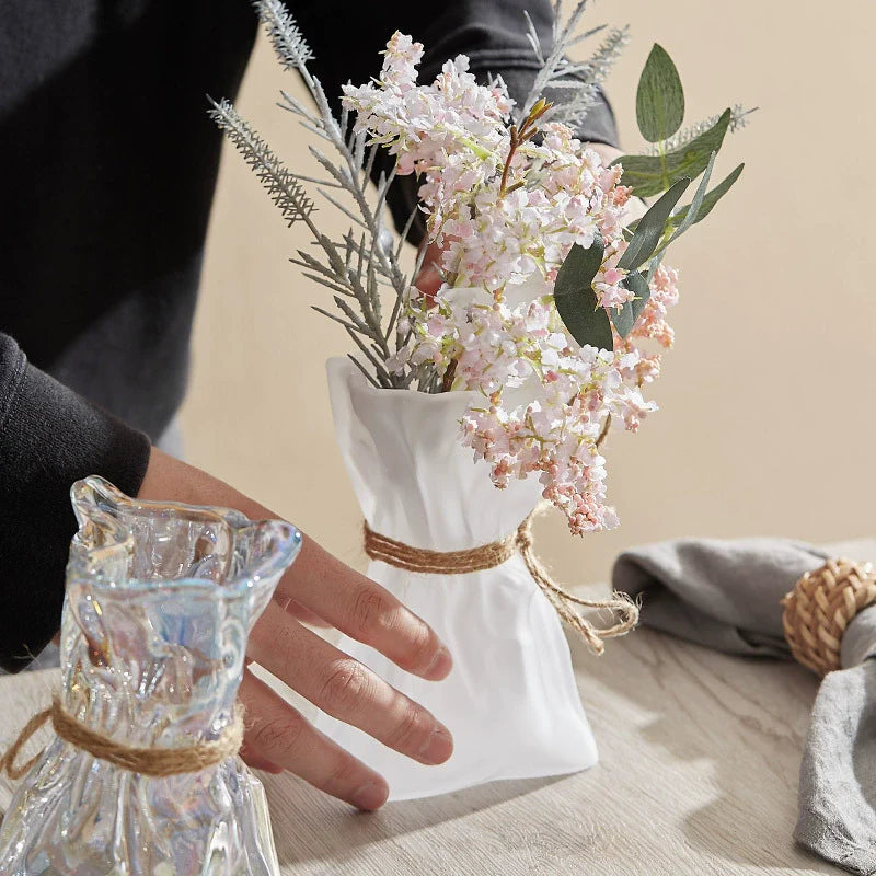Wrinkled Glass Vase with Twine – Holographic / Frosted / Clear Finish-1