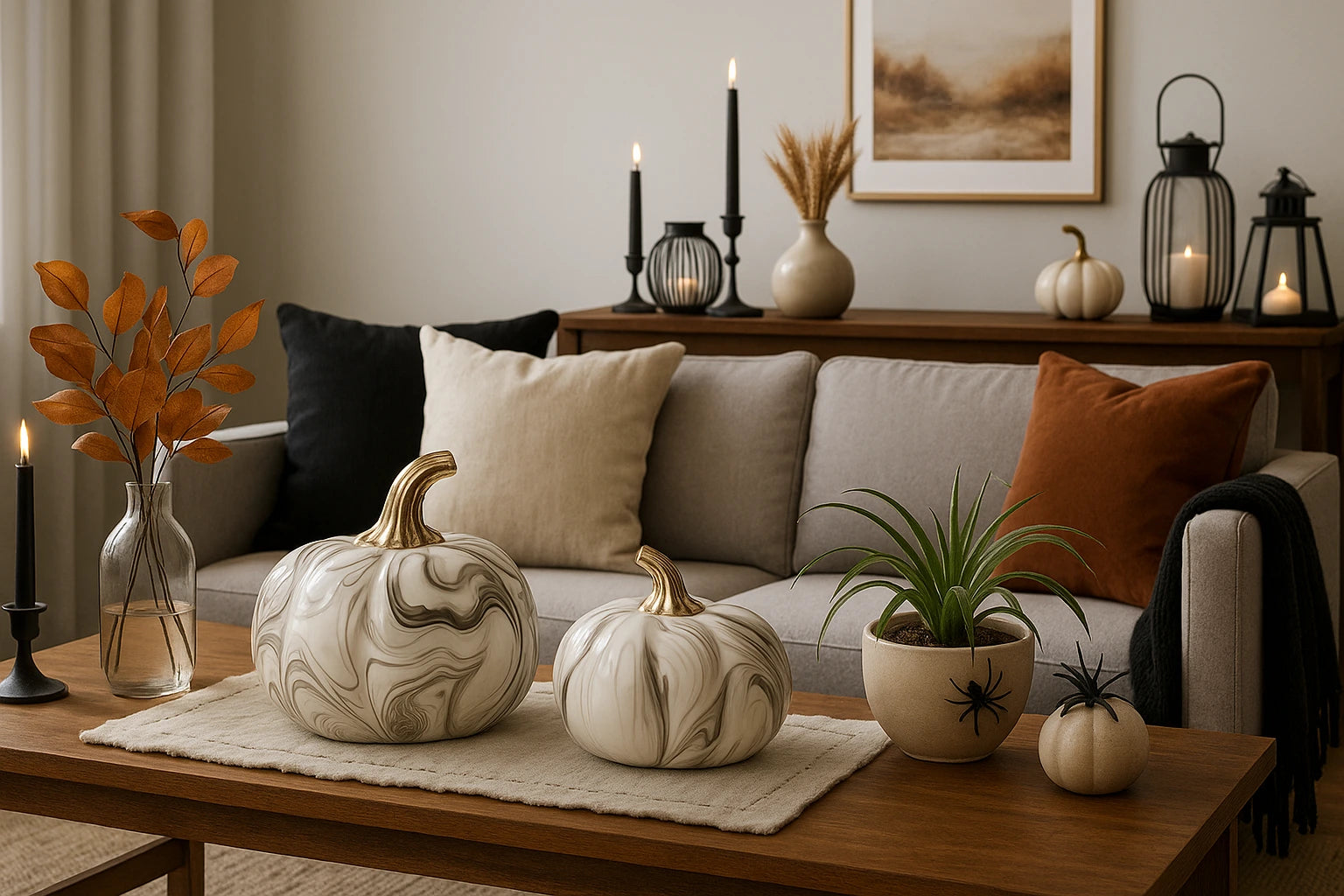 Modern living room decorated for Halloween with marbled pumpkins on a wooden coffee table, black candles, fall leaves, and subtle seasonal accents that transition into autumn décor.