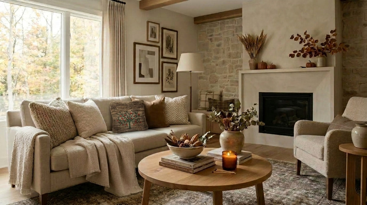 A cozy living room scene featuring a light beige sectional sofa with textured throw pillows and a cream knit blanket, a round wooden coffee table with books and a candle, a matching armchair, and a stone fireplace in the background.