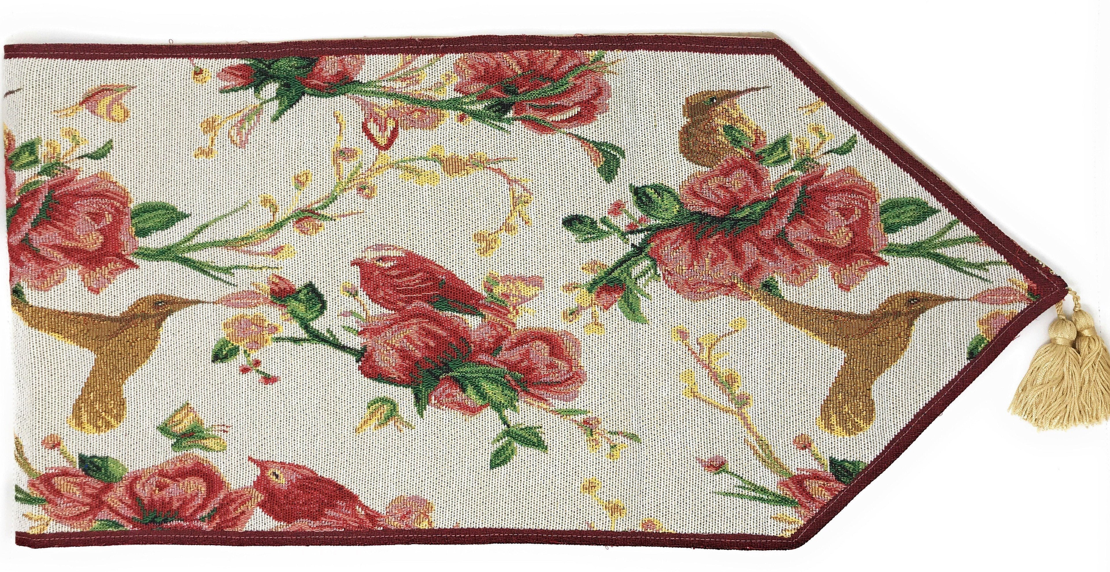 Tache Floral Red Roses Hummingbirds Ivory Woven Tapestry Table Runner (18109)-1