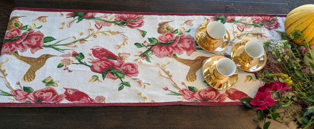 Tache Floral Red Roses Hummingbirds Ivory Woven Tapestry Table Runner (18109)-3