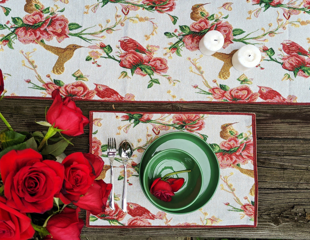 Tache Floral Red Roses Hummingbirds Ivory Woven Tapestry Table Runner (18109)-2