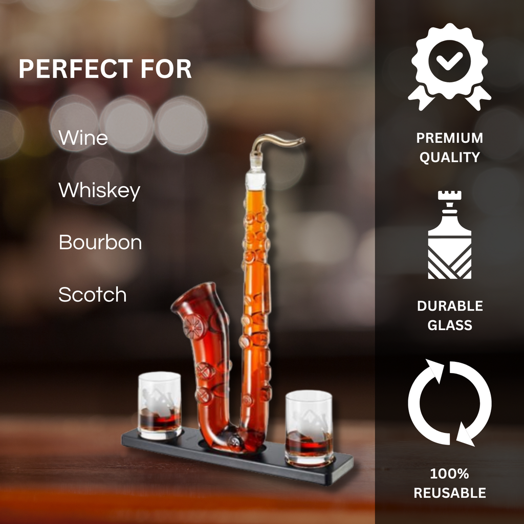 Saxophone Whiskey & Wine Decanter - 34 OZ Decanter Set with Two 10 Oz-2