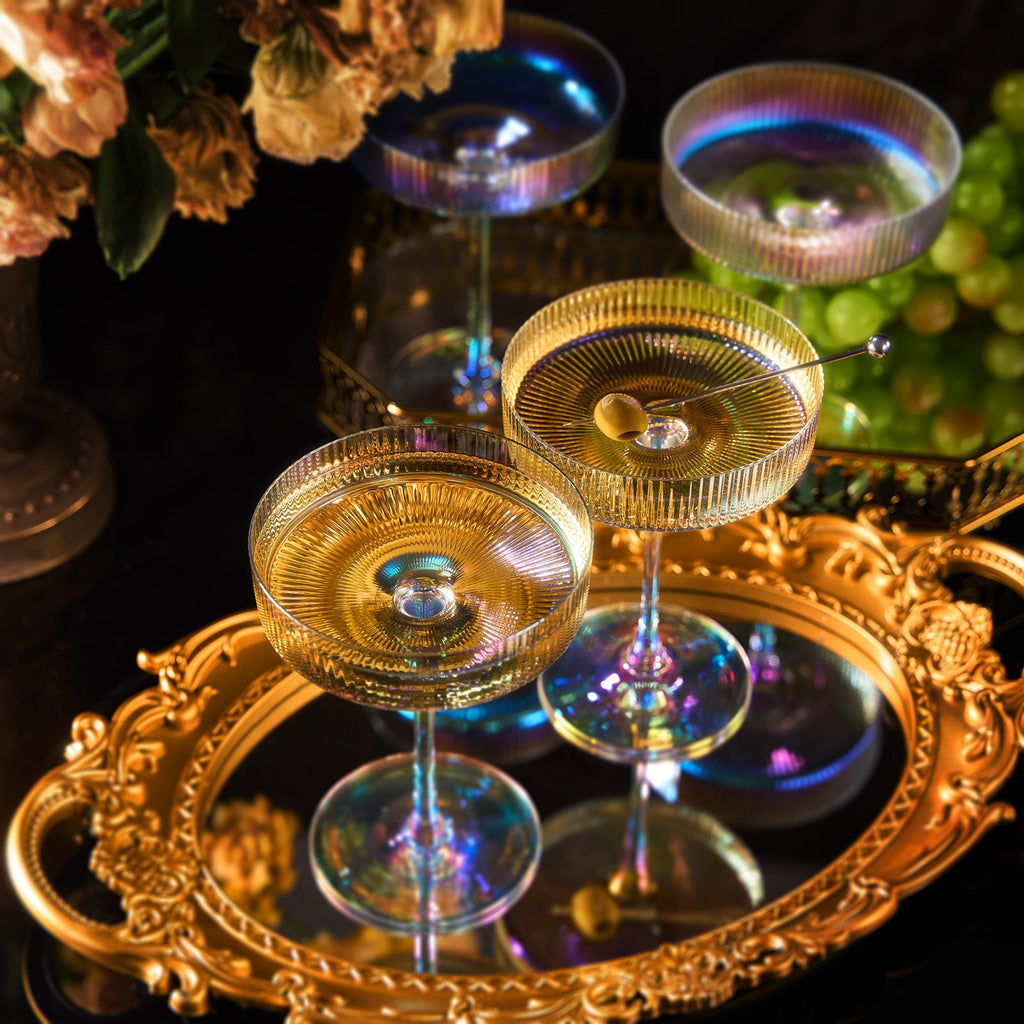 Ribbed Coupe Cocktail Glasses 8 oz | Set of 4 (Iridescent)