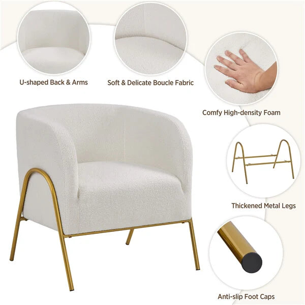 An upholstered accent chair with a cream boucle fabric seat and curved gold metal frame, shown on a light background with feature callout circles highlighting the U-shaped back and arms, soft boucle fabric, high-density foam, thickened metal legs, and anti-slip foot caps.