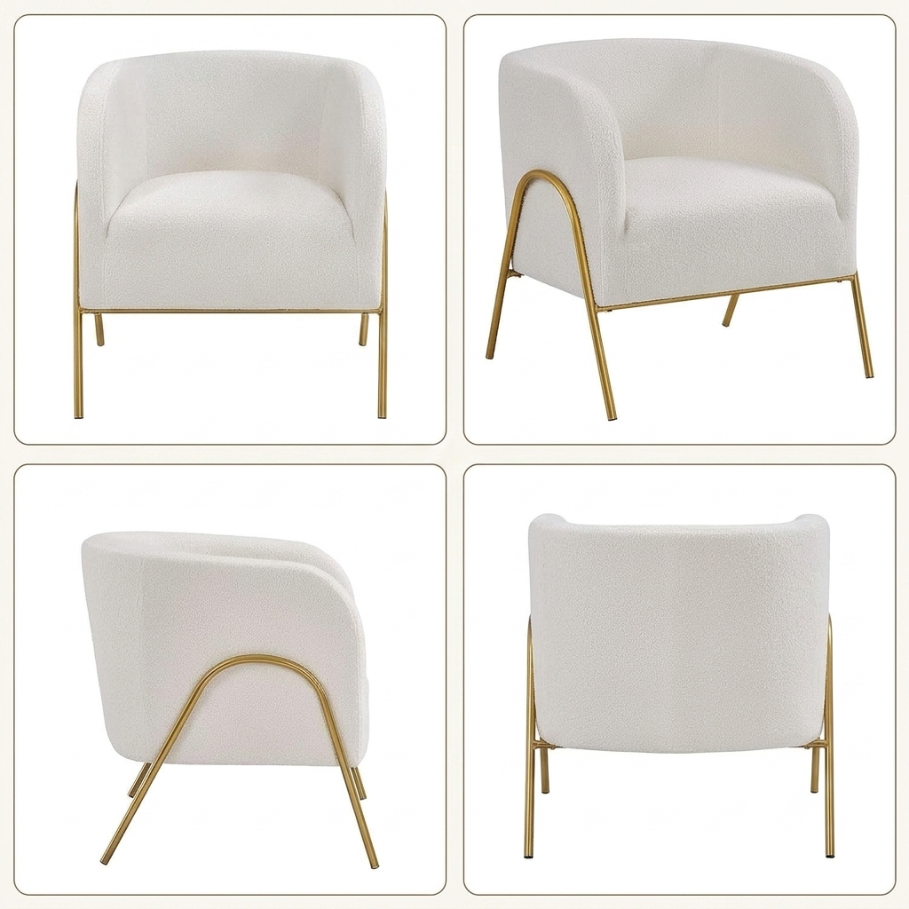An ivory upholstered modern accent chair shown from four angles: front, back, left side, and right side. The chair features a rounded backrest, a thick cushioned seat, and a curved gold metal frame with slim legs.