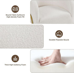 The image showcases an ivory boucle fabric chair with high-density foam fill. A close-up highlights the durable polyester suede texture. A hand presses into thick foam, indicating resilience.