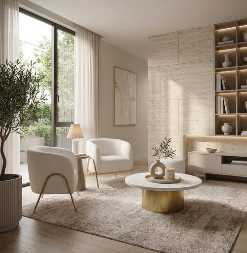 Modern living room with two ivory and gold armchairs, a round coffee table, built-in shelves, large windows, neutral decor, and potted plants. Natural light fills the space.