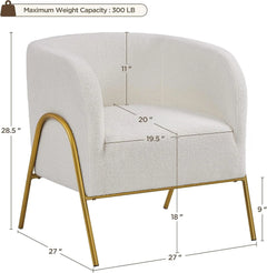 Ivory boucle modern armchair with gold legs, maximum capacity and dimensions on a white background