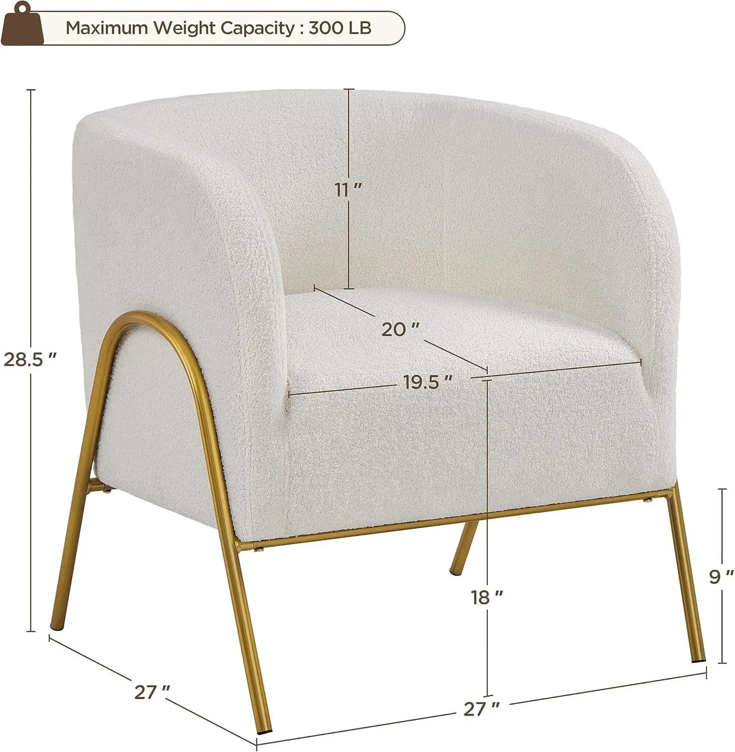 Ivory boucle modern armchair with gold legs, maximum capacity and dimensions on a white background