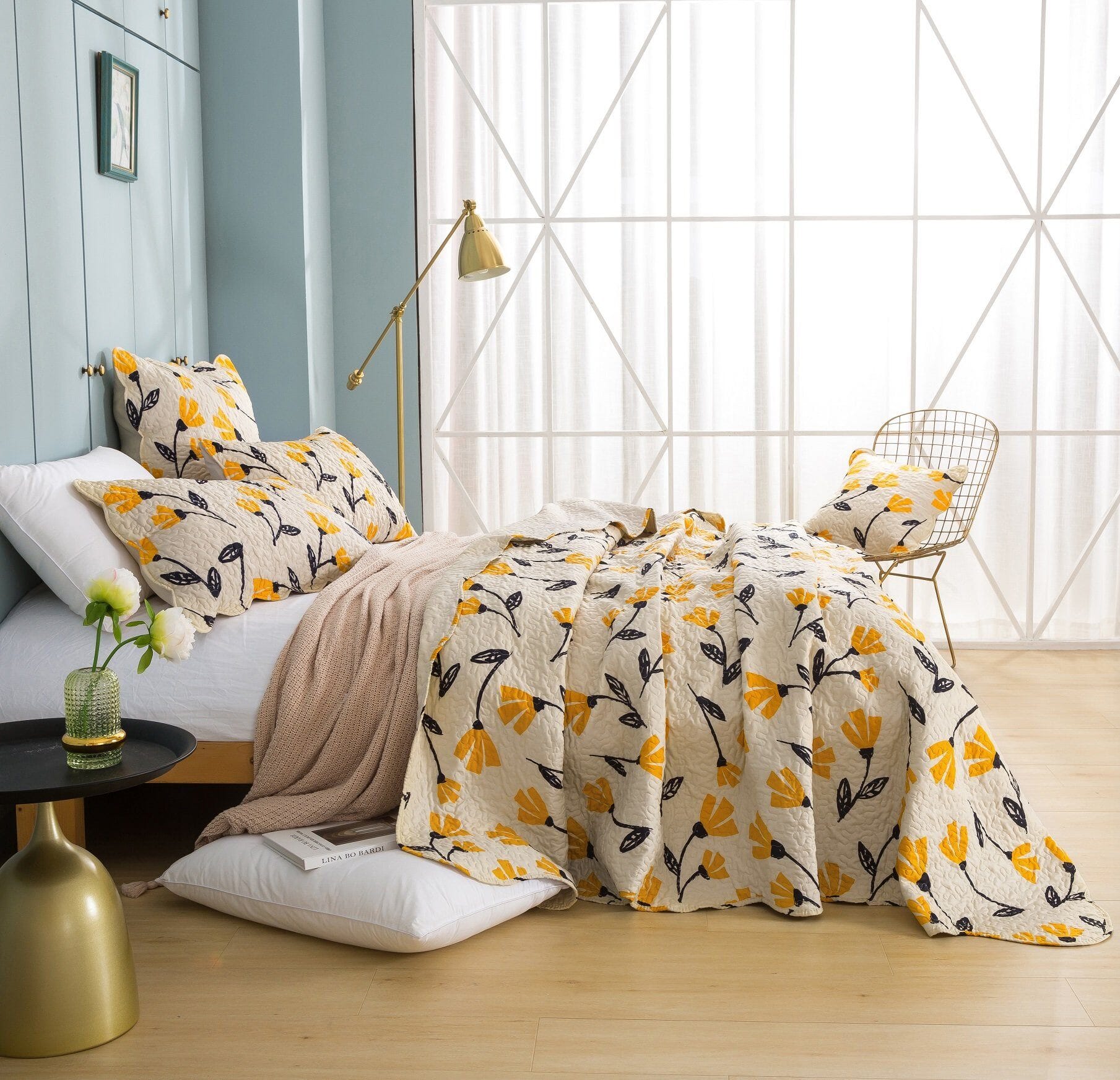 DaDa Bedding Yellow Fleur Floral Quilt Set - Ivory Gold Bedspread-1